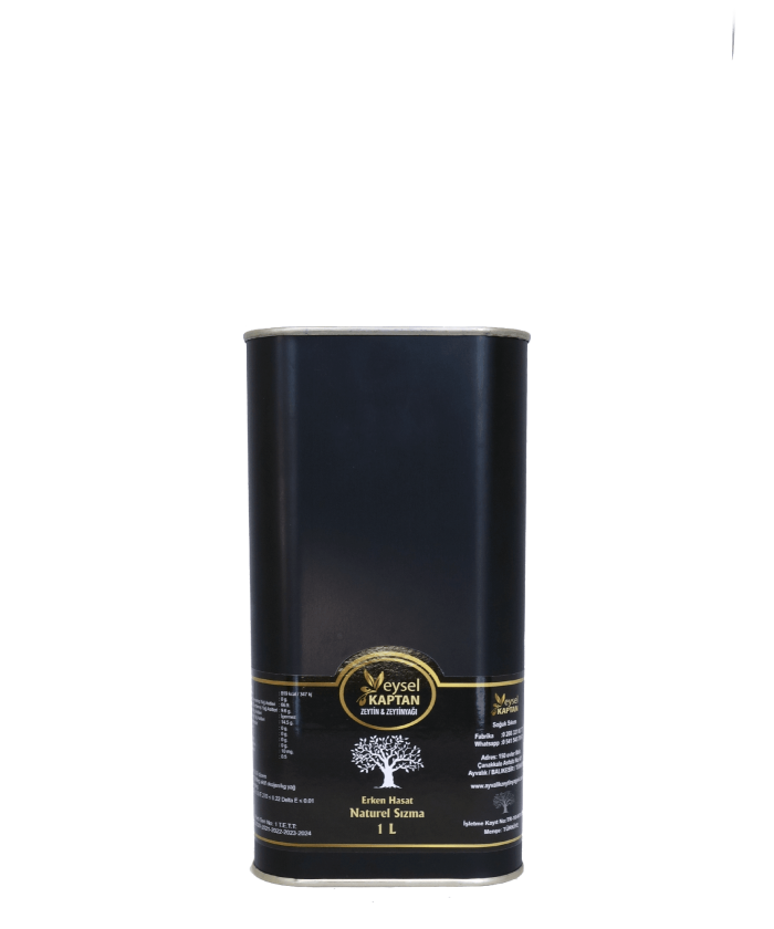 Erken Hasat natürel sızma zeytinyağının 1 litrelik teneke ambalajı.